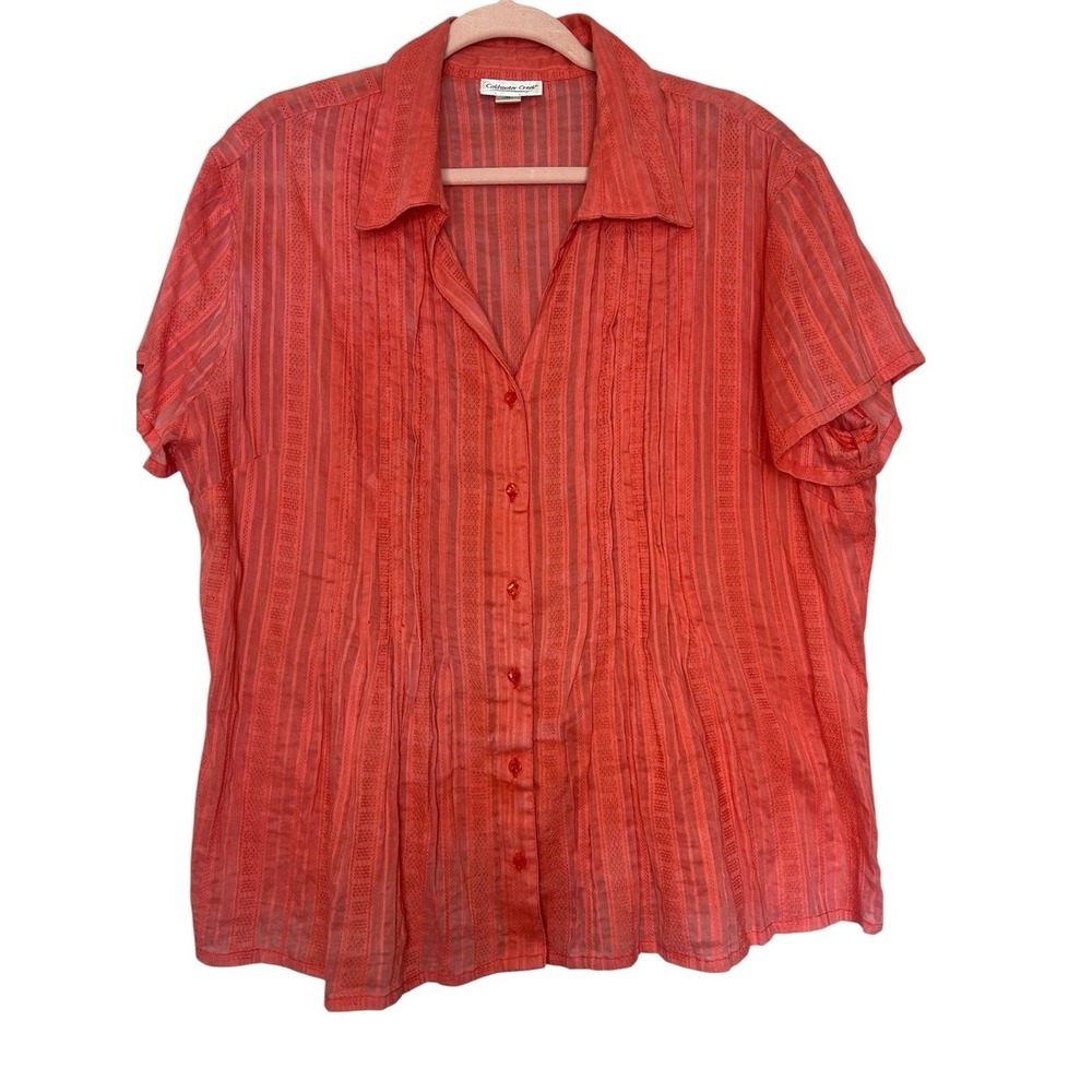 Coldwater Creek Size XL Short Sleeve Button Up Top Coral V Neck Collared Cotton